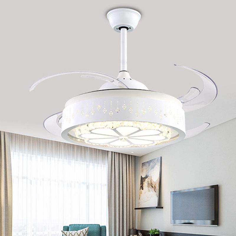 Faceted Crystal Flower Ceiling Fan Light Modern Style White Carved LED Semi Flush Lamp