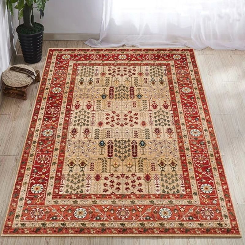 Red Tone Disstressed Rug Polyester Ethnic Pattern Area Rug Non-Slip Backing Carpet for Living Room