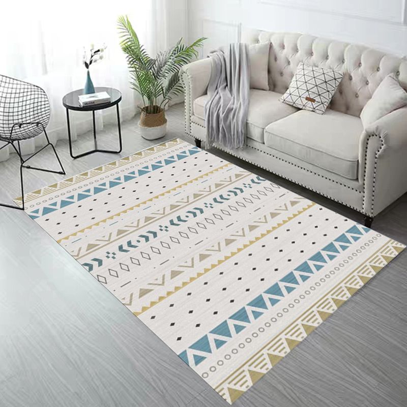 White Tone Living Room Carpet Boho Normatic Tribe Area Rug Polyester with Non-Slip Backing Rug