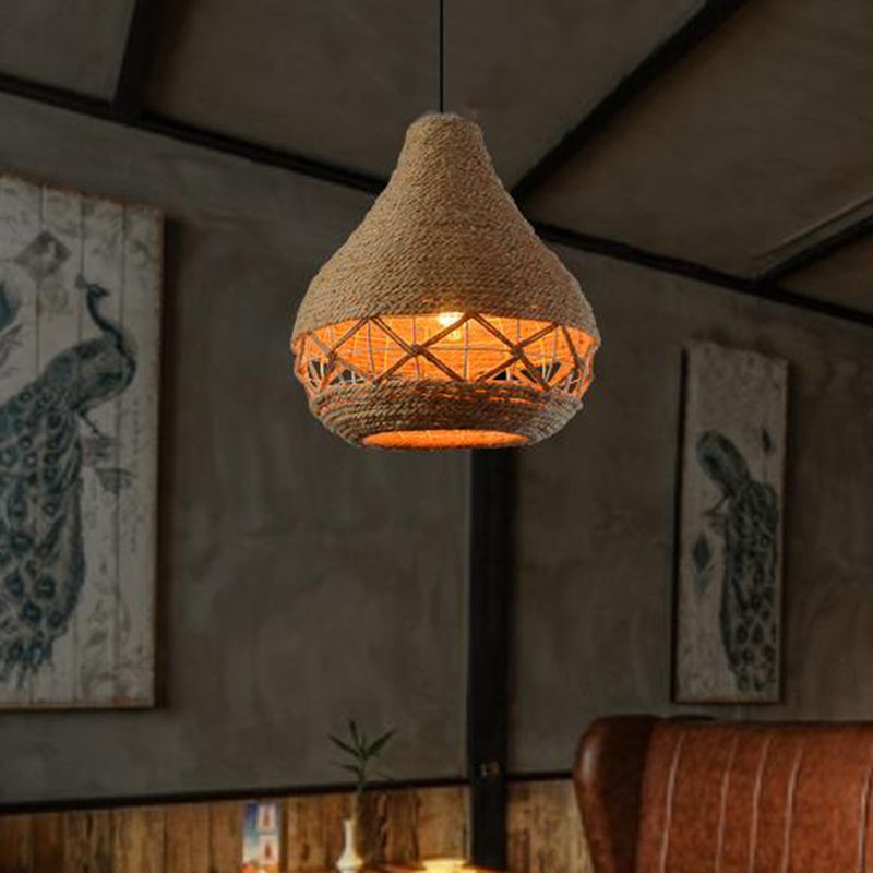 Teardrop Rope Hanging Light Countryside 1-Bulb Restaurant Ceiling Pendant Lamp in Beige