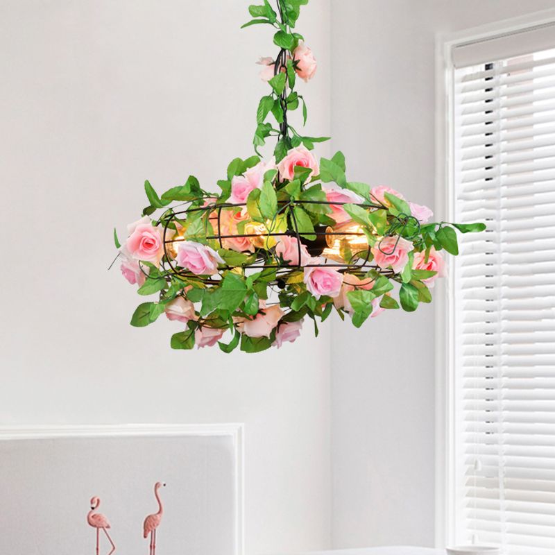 5 Lights Ceiling Chandelier Farmhouse Fan Cage Iron Drop Pendant with Orange and Red Maple Leaf/Red Rose Deco