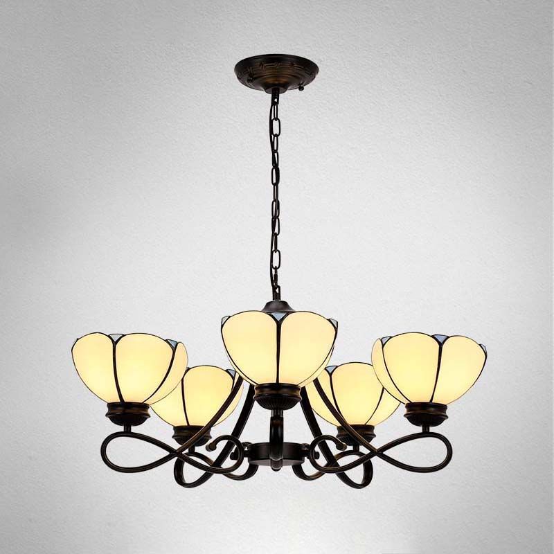 3/5 Lumières Sucalloped / Cone Chandelier suspendu Baroque blanc / jaune / beige Verre Suspension Éclairage pour le salon avec bras incurvé