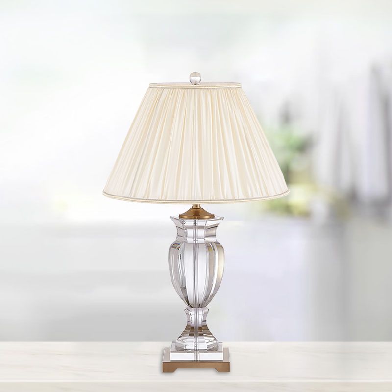 1 Bulb Night Stand Lighting with Tapered Shade Fabric Traditional Bedside Crystal Table Lamp in White