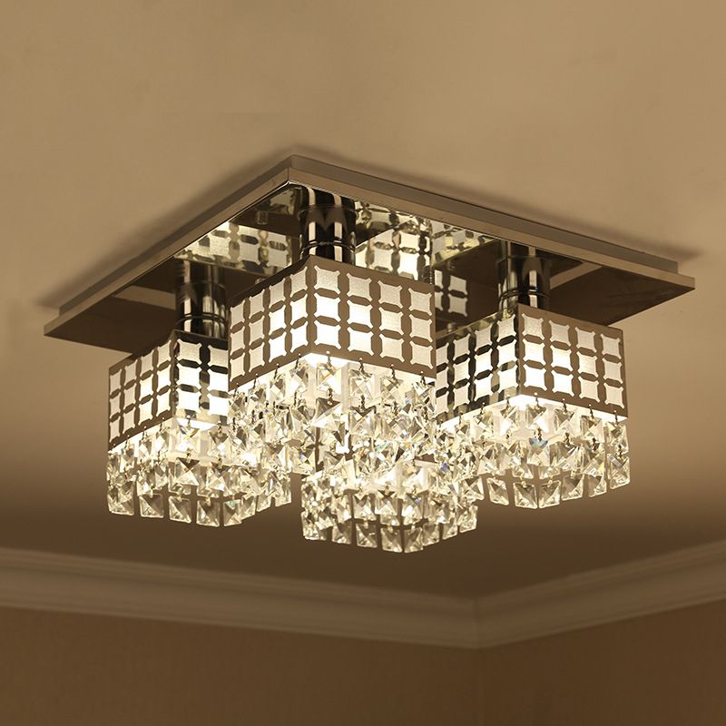 8 Heads Semi Flush Mount Contemporary Square Clear Crystal Ceiling Mounted Fixture in Silver