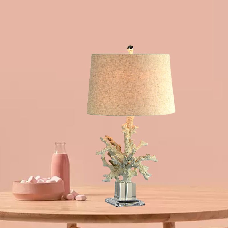 1-Head Table Lamp Country Family Room Night Light with Drum Fabric Shade and Coral Decor in Flaxen