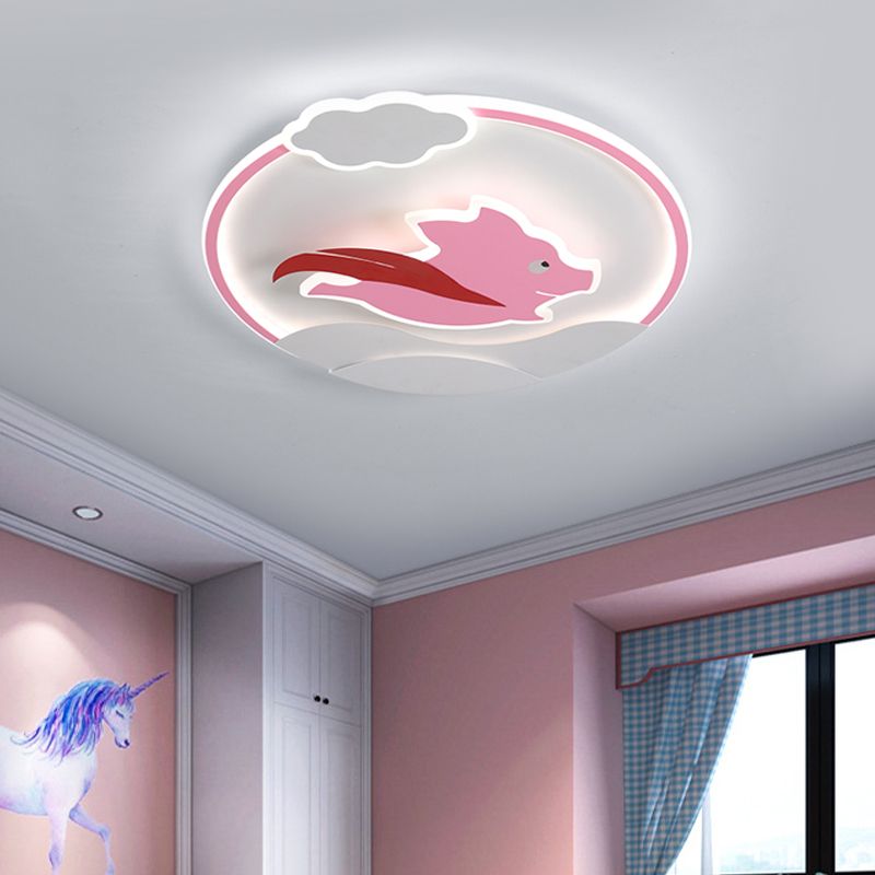 Super Pig Ultrathin Flush Mount Lamp Cartoon Aluminum Pink LED Close to Ceiling Lighting Fixture in Warm/White Light