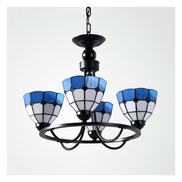 Techo de techo de vidrio azul luz colgante 4 luces lámpara de lámpara mediterránea para dormitorio