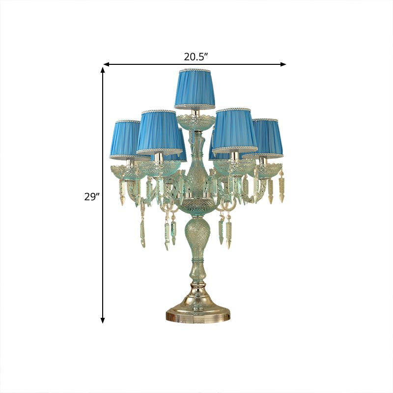 Crystal Blue Nightstand Lamp Candlestick 5/6/7 Bulbs Traditional Sleeping Room Table Light with Barrel Fabric Shade