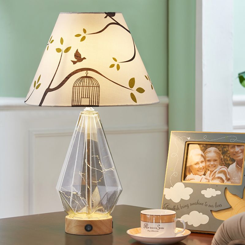 Clear Glass Urn/Diamond Night Lamp Contemporary 1-Bulb Bedroom Table Light with Cone Printing Fabric Shade