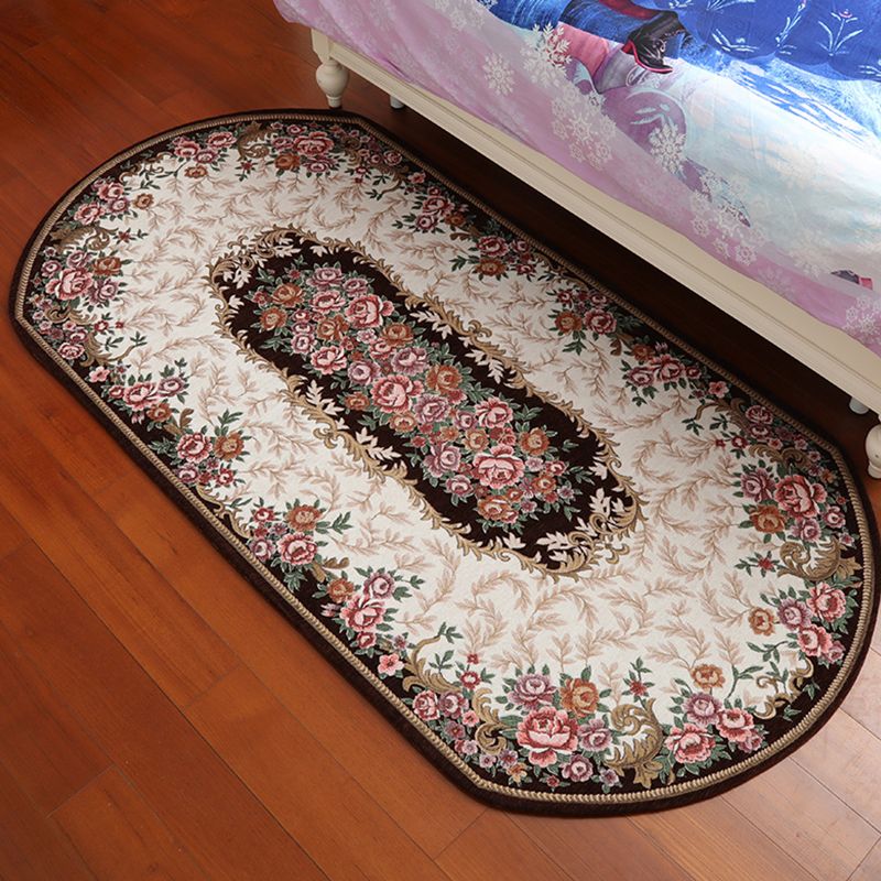 Retro Flower Pattern Rug Red and Black Polyester Indoor Rug Washable Non-Slip Backing Indoor Rug for Bedroom