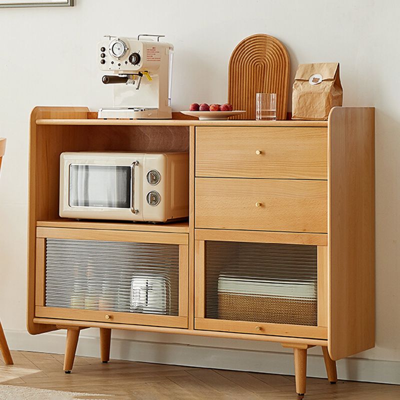 Solid Wood Glass Doors Contemporary Style Buffet Sideboard with Cabinets and Drawers