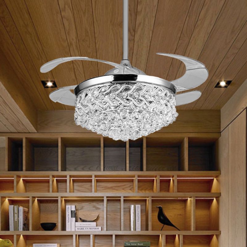 Simple Tapered Ceiling Fan Light Crystal Orbs Chrome/Gold Finish LED Hanging Lamp with Frequency Conversion/Remote Control/Wall Control