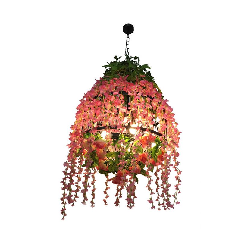 Pink Floral Chandelier Pendant Light Industrial Metal 3 Heads Restaurant LED Hanging Lamping