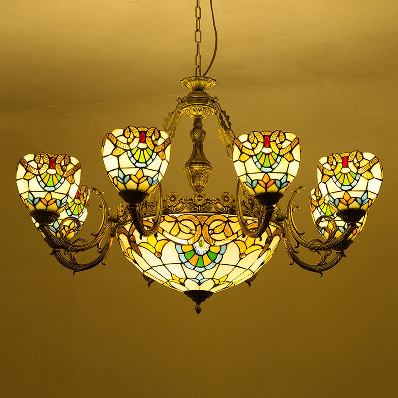 Bowl-Shaped Chandelier Light Fixture Stained Glass Tiffany-Style Pendant Chandelier Beige