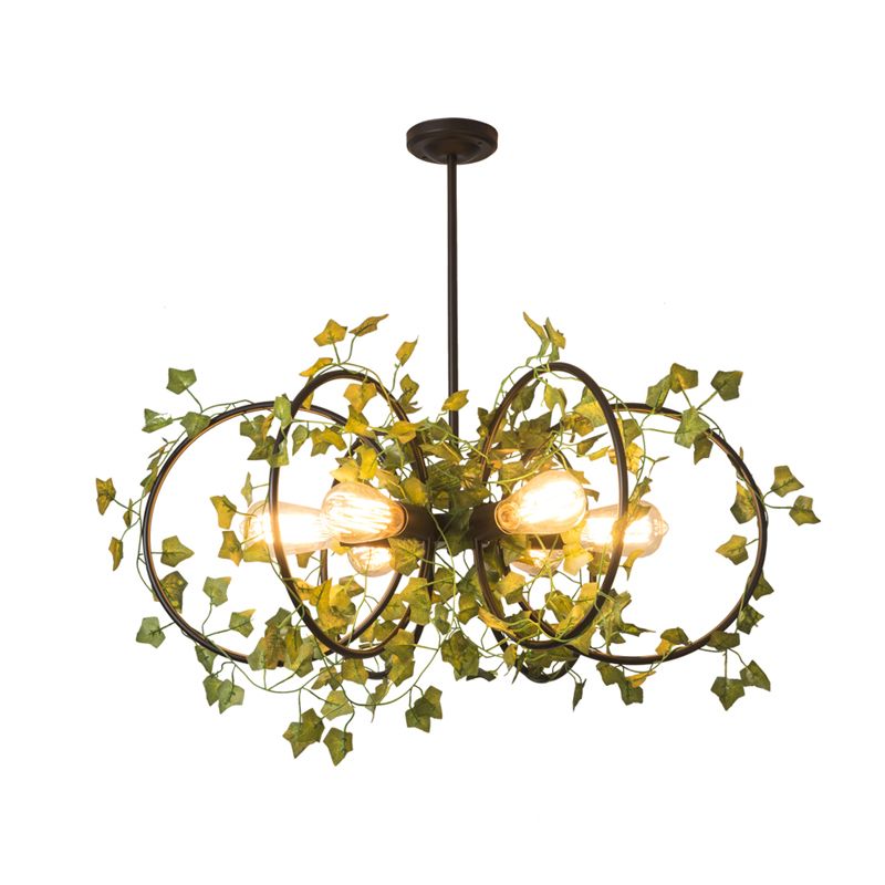 Black Round/Rectangle Hanging Chandelier Farm Style Metallic 6 Lights Dining Room Suspension Pendant with Green Plant Deco