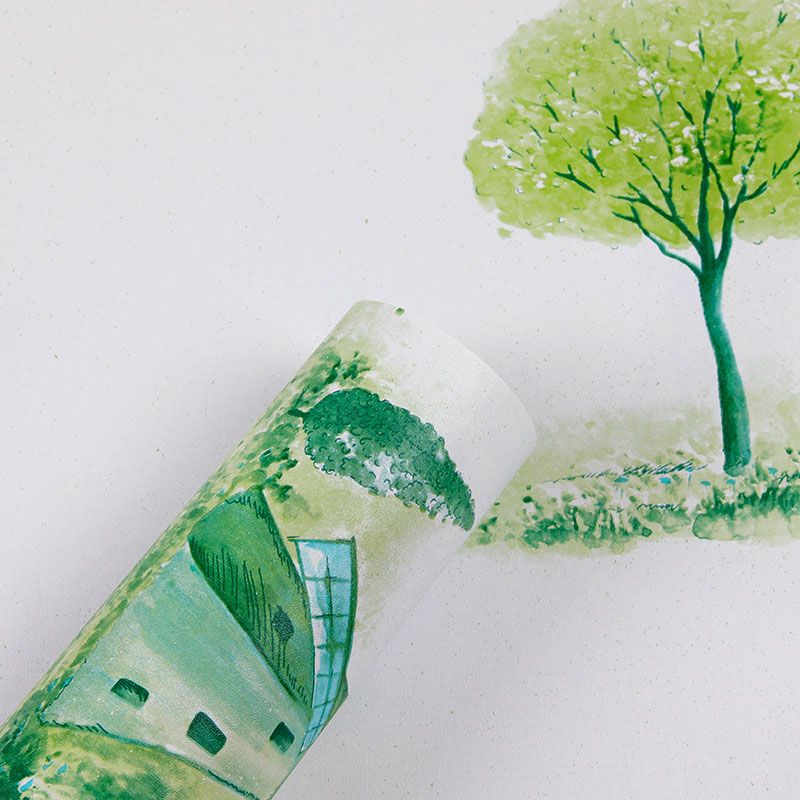 Kid's Bedroom Wallpaper with Green and White Windmill and Tree Design, 77.5 sq ft., Easy to Remove