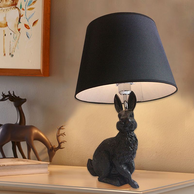 Black Rabbit-Like Nightstand Lamp Cartoon 1 Light Resin Table Light with Fabric Shade