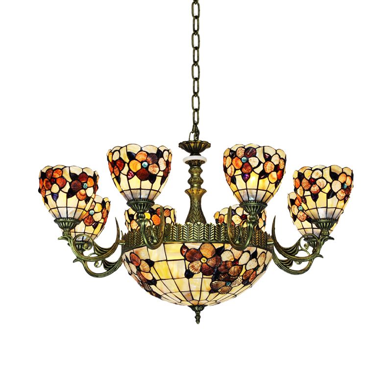 9/11 Lights Bedroom Ceiling Chandelier Tiffany Beige Flower Patterned Suspension Lamp with Bowl Shell Shade