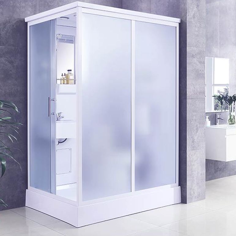 White Single Sliding Shower Kit Rectangle Frosted Shower Stall