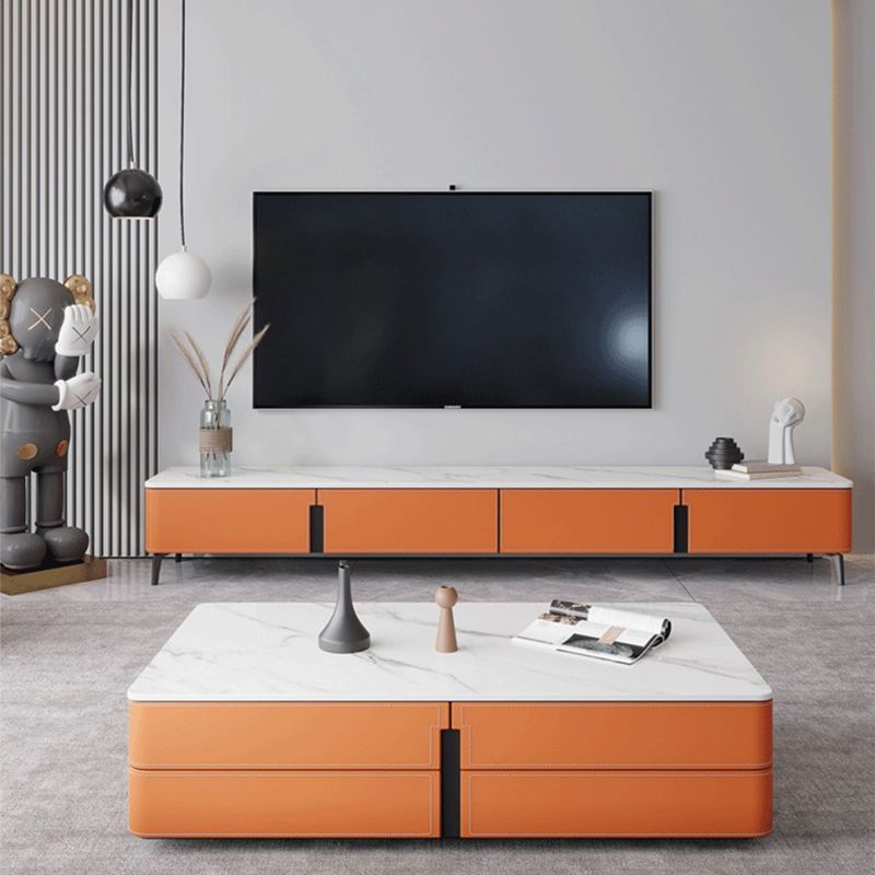 16.5" Bright Orange Leather TV Stand Console with 4 Storage , Nordic Stone TV Stand