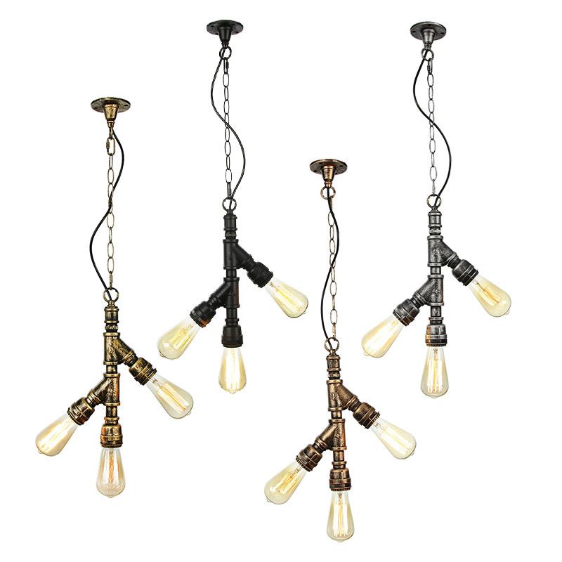 Industrial Water Pipe Chandelier Pendant 3-Light Metallic Suspension Lighting for Living Room