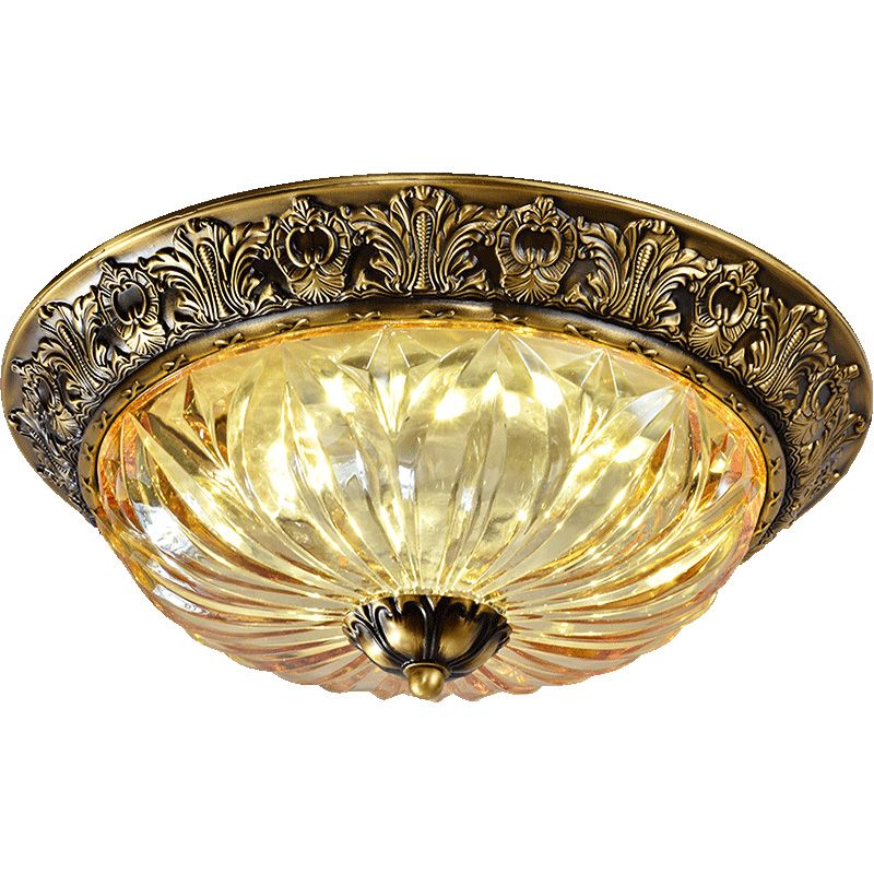 Antiqued Messing Bowl Plafond Lamp Traditionele Gesneden Glazen Corridor Flush Mount Light Fixture