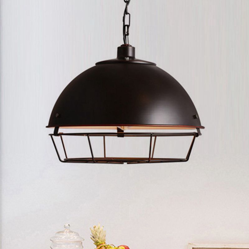 Aged Silver/Black 1-Bulb Pendant Industrial Iron Bowl Shape Hanging Light Fixture with Hooded Cage for Restaurant