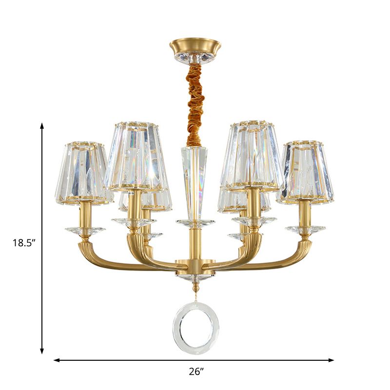 Clear Crystal Cone Shade Pendant Light Fixture Modern 6 Light Hanging Chandelier Light in Brass for Bedroom