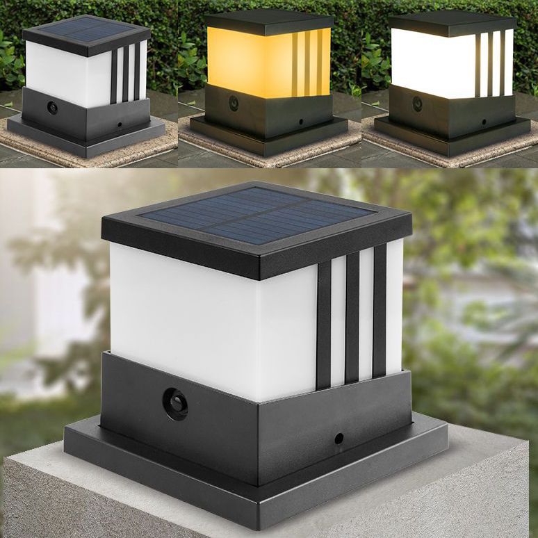 Solar Square Outdoor Lights Black Metal Waterproof Pillar Lamp for Garden