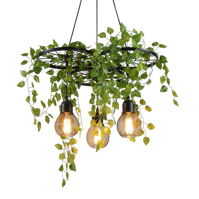 21.5"/35.5" W 3 Heads Metal Cluster Pendant Warehouse Black Wheel and Orb Cage Dining Room Hanging Lamp with Green Vine