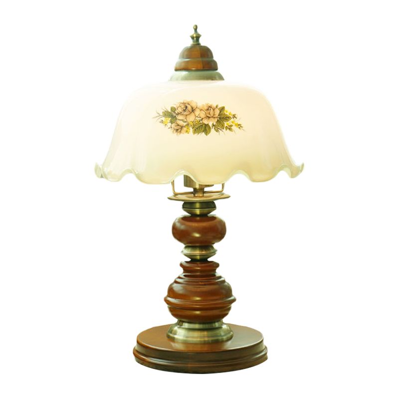 Opal Glass Brown Scalloped Table Lighting Dome 1-Bulb Classic Reading Book Light with Baluster Design