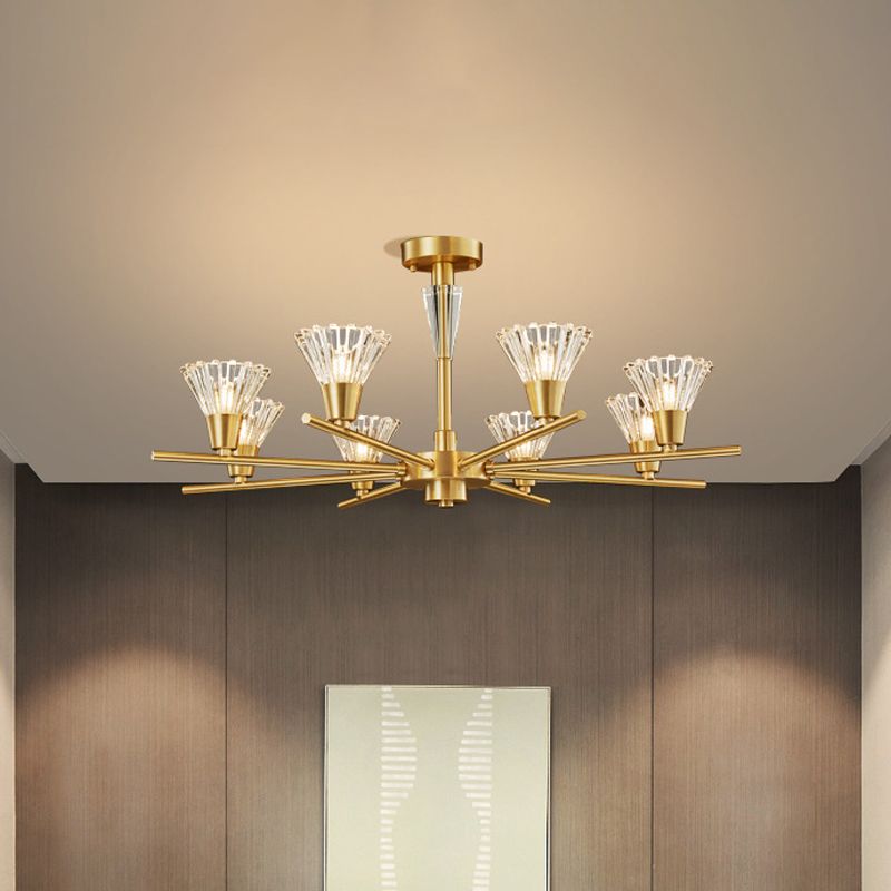 Brass Flower-Like Pendant Light Fixture Modern Clear Glass 6/8/12 Heads Living Room Up Chandelier