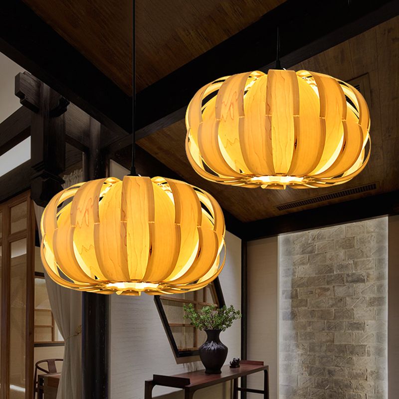 Strap Pumpkin Parlor Hanging Light Kit Wooden 2 Lights Asian Suspension Pendant in Beige