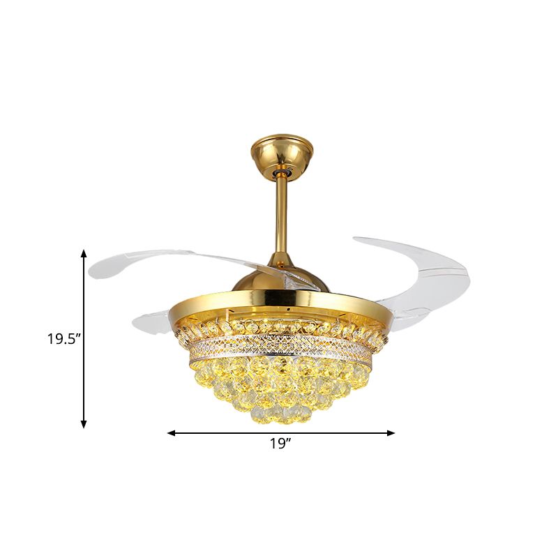 4 Blades Simple Conic Pendant Fan Lamp Crystal Ball LED Parlor Semi Flush Light Fixture in Gold, 19" Width