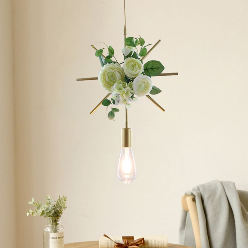 Farmhouse Fake Floral Plafond Lampe 1 Light Metallic Pendant Light en vert avec triangle / carré / cadre linéaire