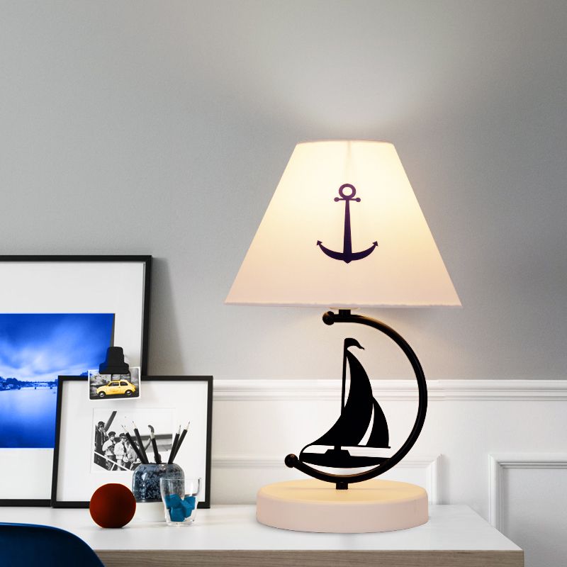 Empire Shade Fabric Table Lamp Kids Single-Bulb White Nightstand Lighting with Sailing Boat Decor