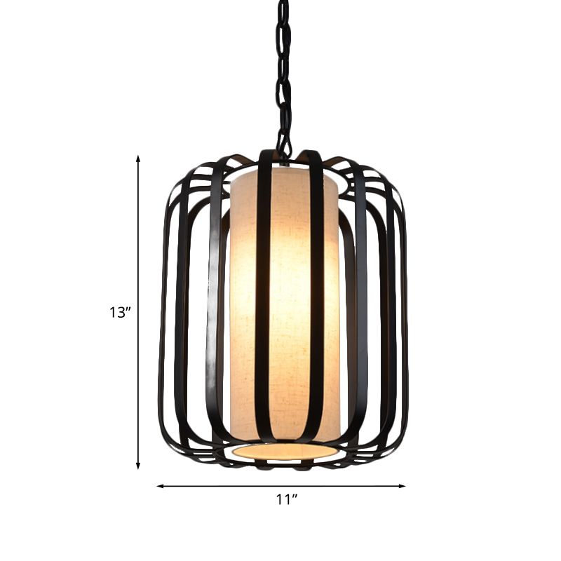 Black 1-Bulb Dropsant Cilindro Sospensione in stile retrò Light con gabbia a filo per sala da pranzo