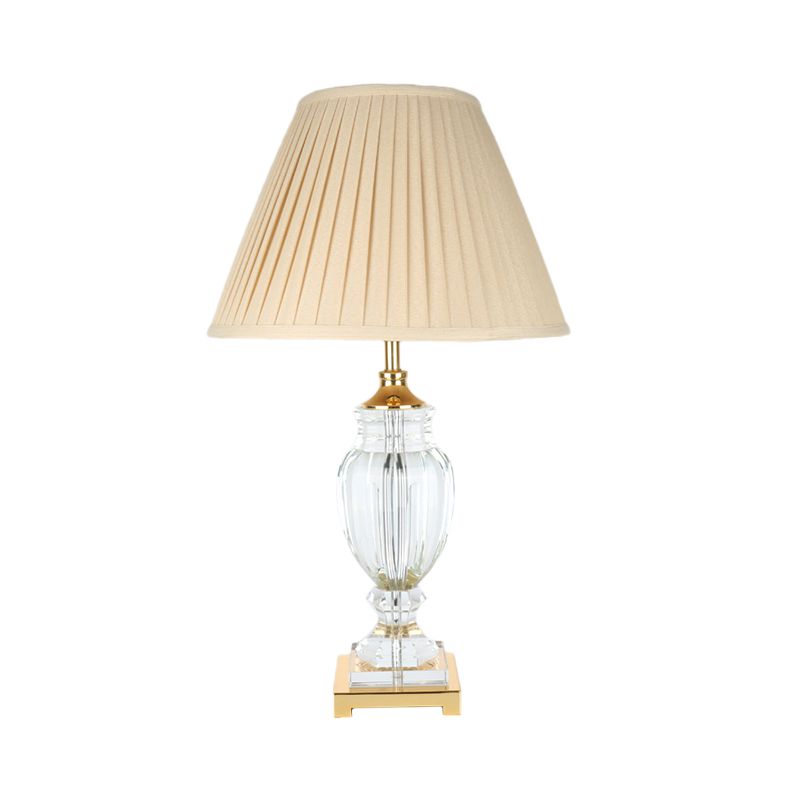 Contemporary 1 Head Crystal Table Light Beige Conical Small Desk Lamp with Fabric Shade