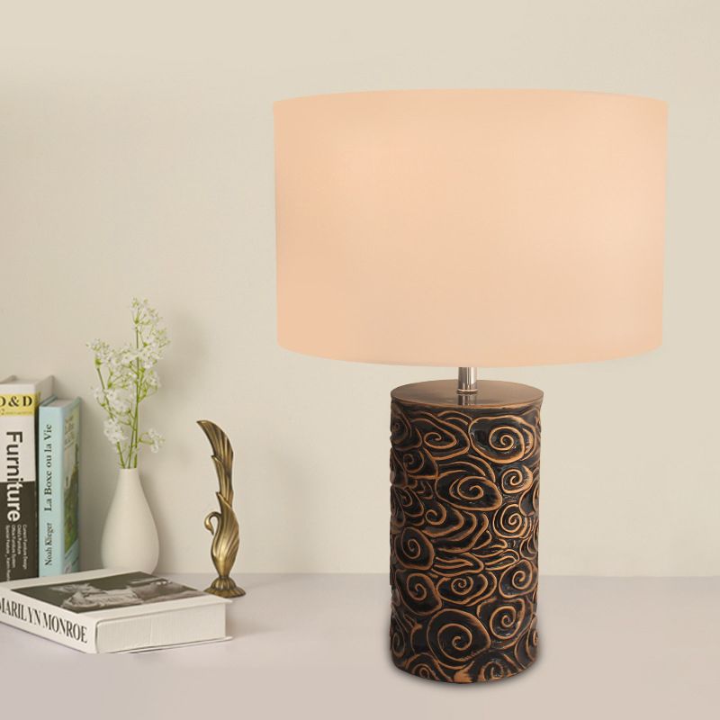 1 Head Resin Table Lighting Vintage Bronze Scroll Patterned Pillar Bedroom Night Lamp with Round Fabric Lamp Shade