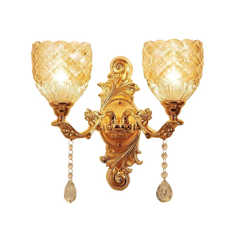 2 Lights Dome/Flower Up Wall Sconce Light European Gold Textured Crystal Wall Lamp Fixture