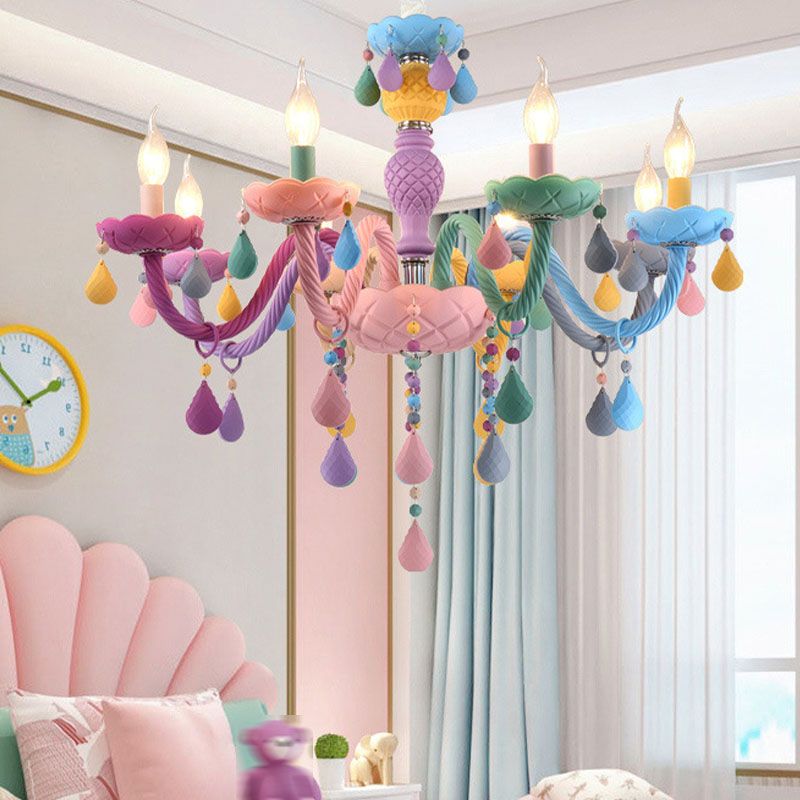 Multi Lights Colorful Hanging Ceiling Lights Modern Style Glass Curved Arms Chandelier