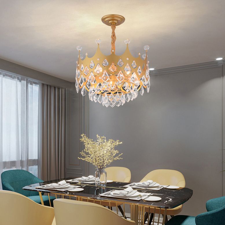 Postmodern Crown Shaped Chandelier Pendant Crystal Dining Room Hanging Light in Gold