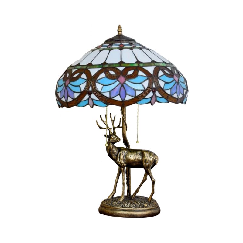 2-Light Parrot Pull Chain Table Lighting Tiffany Beige/Blue-White Stained Glass Night Stand Lamp with Deer Decoration