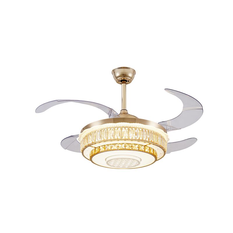 42" Wide Crystal 2-Tier Round Fan Lamp Modern Sitting Room LED Semi Flush Light Fixture in Gold with 4 Clear Blades