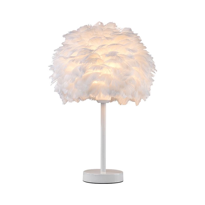 Goose Feather Dome Night Light Nordic 1 Bulb Grey/White/Pink Table Lamp with Tripod/Straight Stand in Black/White/Wood