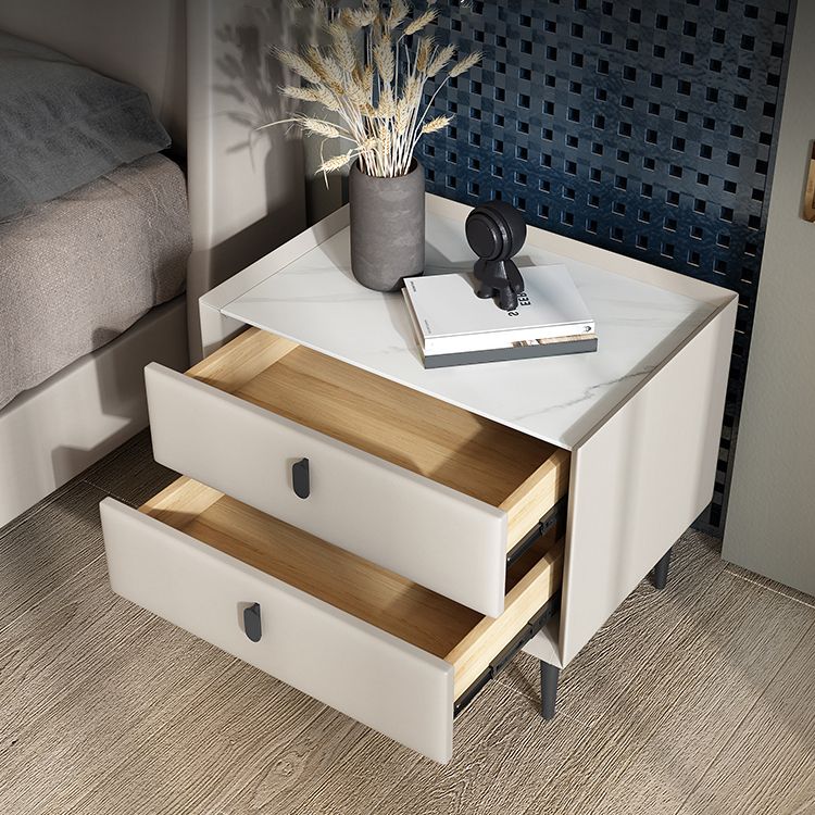 Wooden and Leather Bedside Table Modern Minimalist Bed Nightstand with Drawers