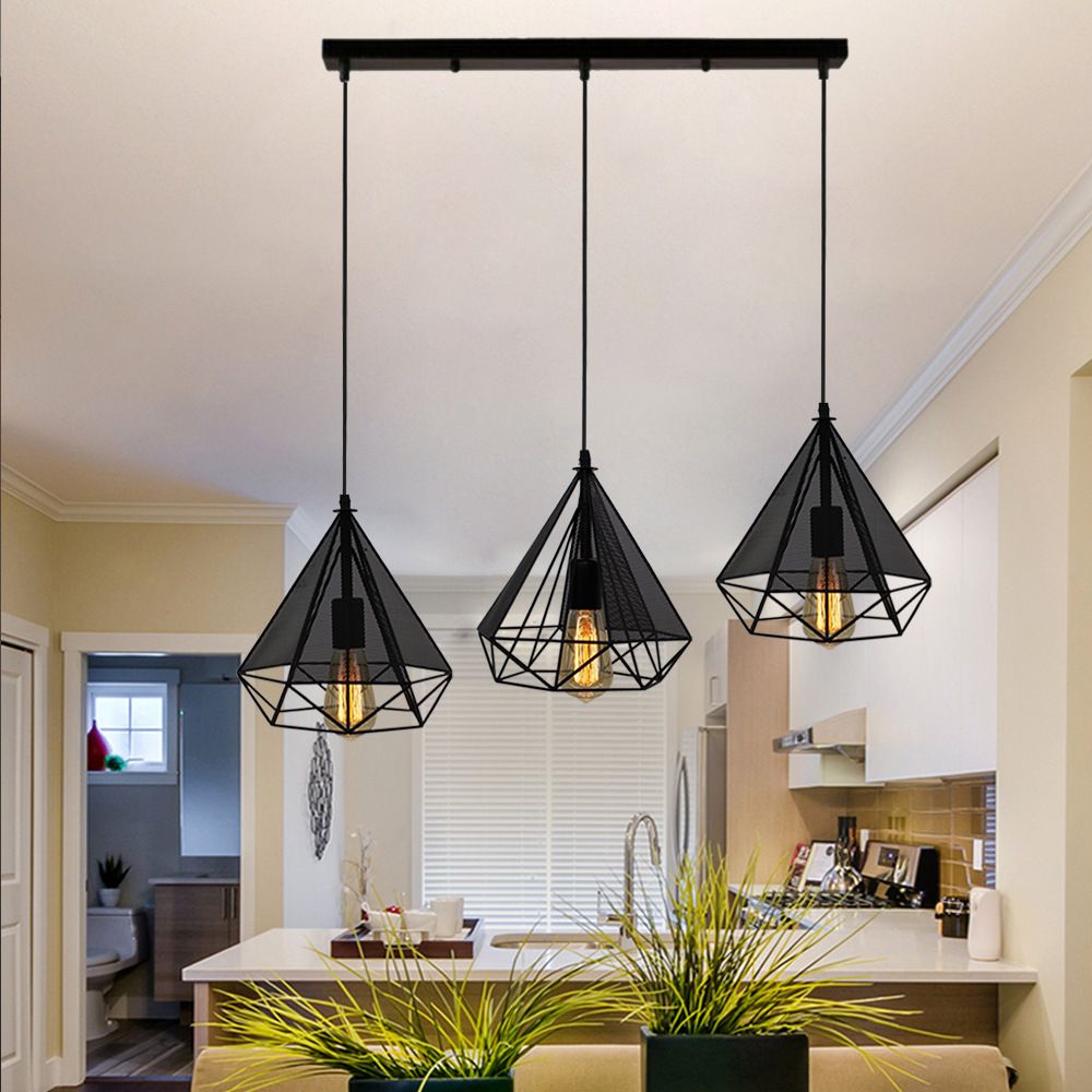 Black Diamond Cage Hanging Light Retro Style Metallic 3 Heads Dining Room Pendant Lighting with Round/Linear Canopy