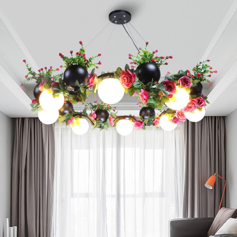 Sphere Metal Ceiling Lamp Industrial 8 Bulbs Living Room Chandelier Light in Black with Flower Decoration