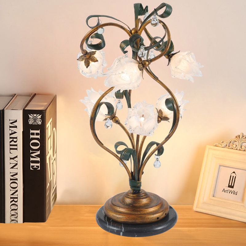 6 Bulbs Floral Table Lamp Pastoral Style Brass Metal LED Nightstand Lighting for Bedroom