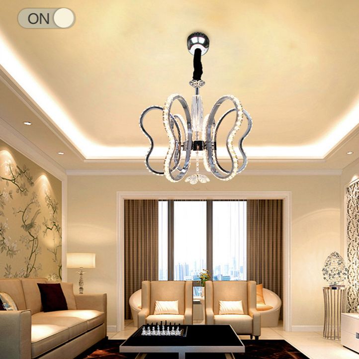 Crystal Butterfly Suspended Lighting Fixture Modern LED Ceiling Hung Fixture in Chrome